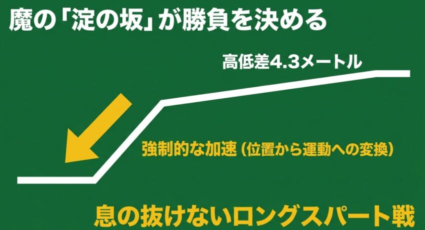 魔の淀の坂 高低差4.3メートルの強制的な加速とロングスパート戦
