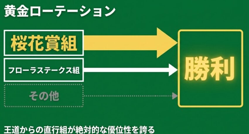 オークスへ向けた桜花賞組とフローラステークス組からの直行ローテーション図解