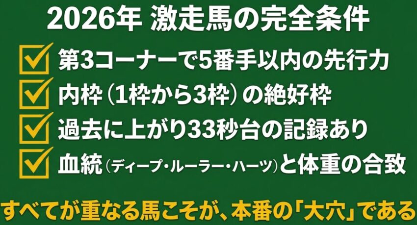 2026年 激走馬の完全条件 先行力・内枠・33秒台の末脚・血統と体重の合致