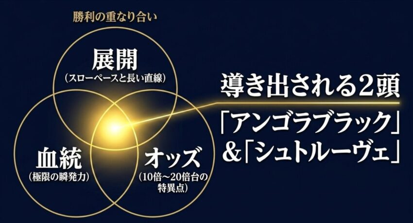 展開、血統、オッズの特異点という勝利の重なり合いから導き出される2頭。アンゴラブラックとシュトルーヴェ。