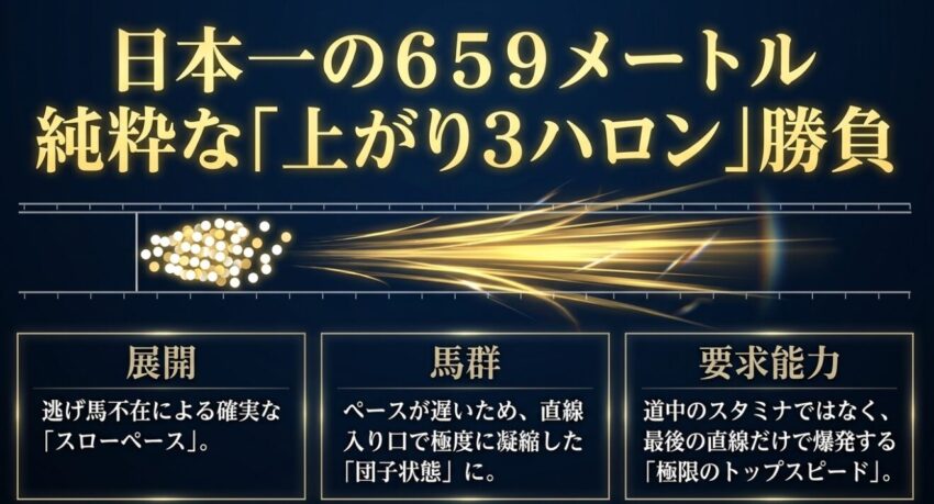 日本一の659メートル直線による純粋な上がり3ハロン勝負。逃げ馬不在の確実なスローペースにより、極限のトップスピードが要求される。