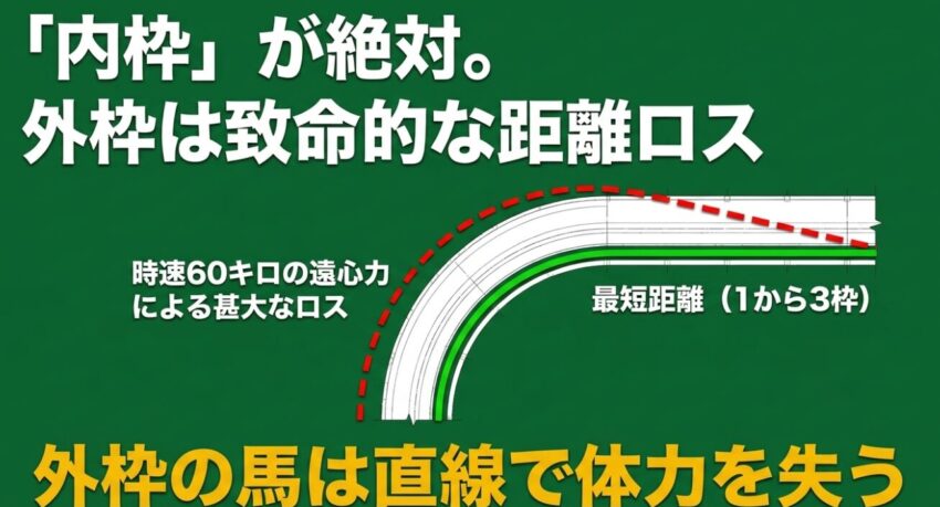 1枠から3枠の最短距離の有利性と、外枠が受ける時速60キロの遠心力によるスタミナ消耗  の理論を補強します。