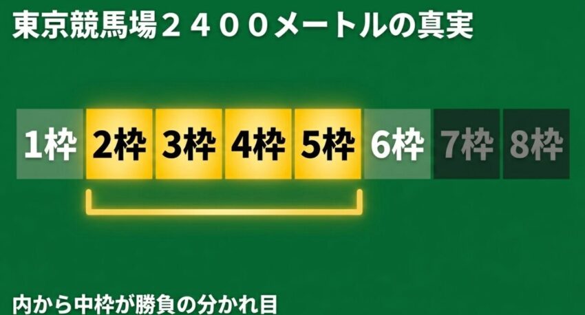 東京競馬場2400メートルにおける枠順の有利不利と勝負の分かれ目を示すデータ