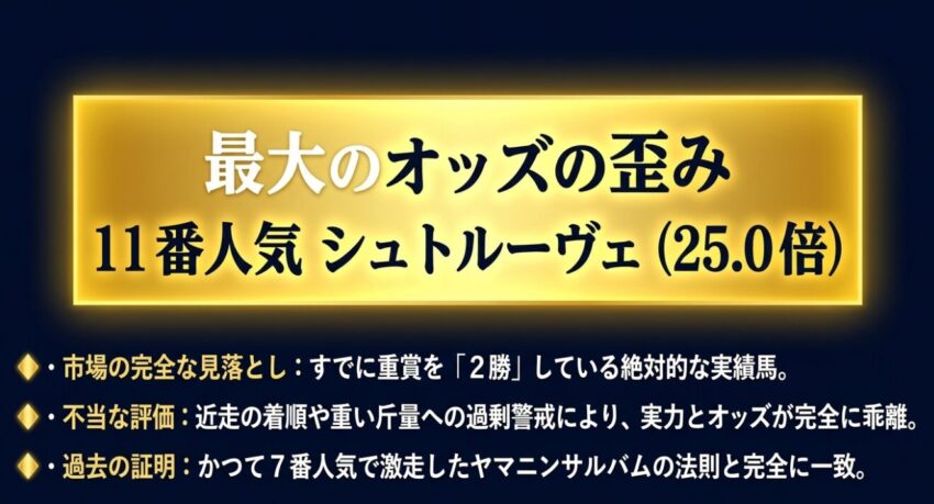 最大のオッズの歪み。11番人気25.0倍のシュトルーヴェは重賞2勝の実績馬であり、市場の完全な見落としと不当な評価を受けている。