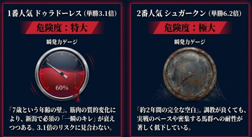 1番人気ドゥラドーレスは7歳の年齢の壁で危険度特大。2番人気シュガークンは約2年間の完全な空白で危険度極大。