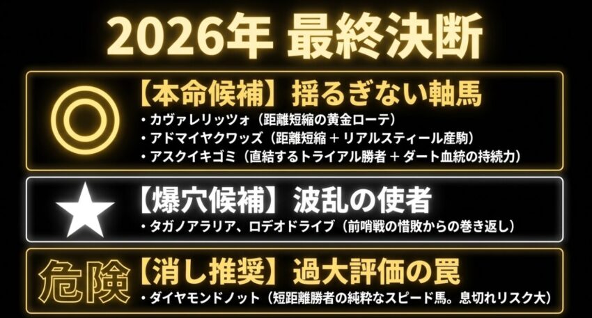 本命候補のカヴァレリッツォら、爆穴候補のタガノアラリアら、そして消し推奨のダイヤモンドノットをまとめた最終決断スライド