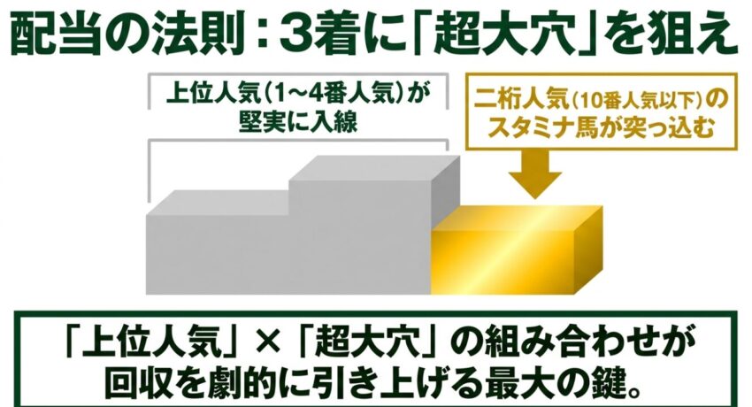 オークスの3着には二桁人気の超大穴が突っ込む配当の法則を示す図解