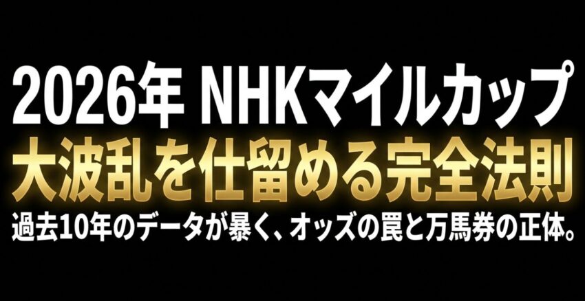 2026年NHKマイルカップの過去レース傾向予測と大波乱の法則についてのタイトルスライド