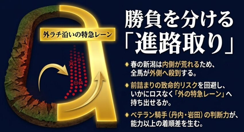 勝負を分ける進路取り。春の新潟は内側が荒れるため全馬が外側へ殺到。前詰まりを回避し外の特急レーンへ持ち出せるベテラン騎手の判断力が鍵。